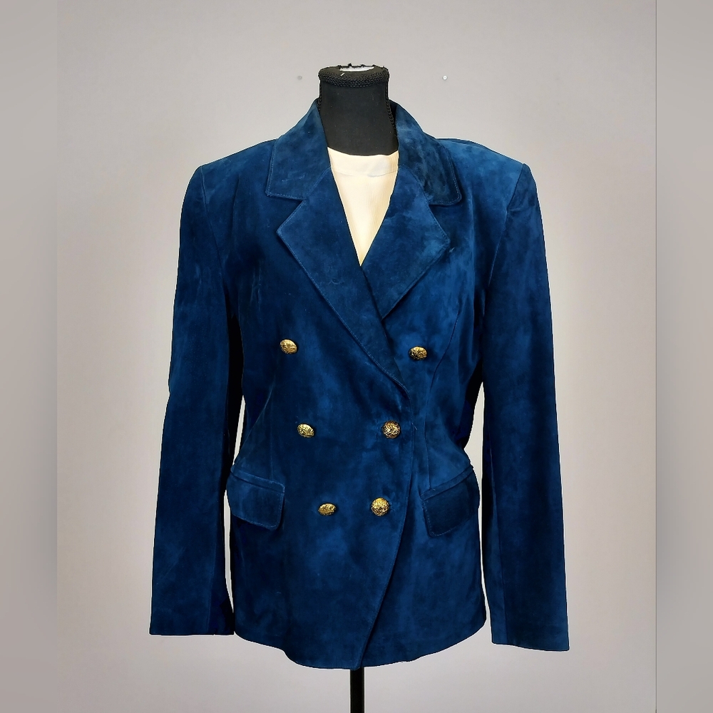 Vintage Danier Teal‎ Blue Suede Leather Blazer Jacket Made in Canada Gold Detail